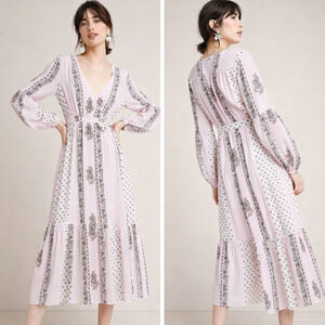 Steele Anthropologie Marcel Wrap Dress Tie Side V Neck Pink Ivory Paisley Small